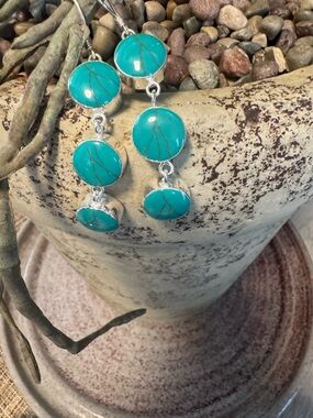 Three stone silver disc drop earrings new in original packaging made in Mexico